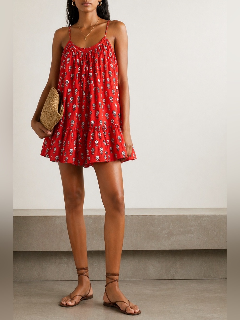 RHODE Red Floral Spaghetti Strap Mini Dress